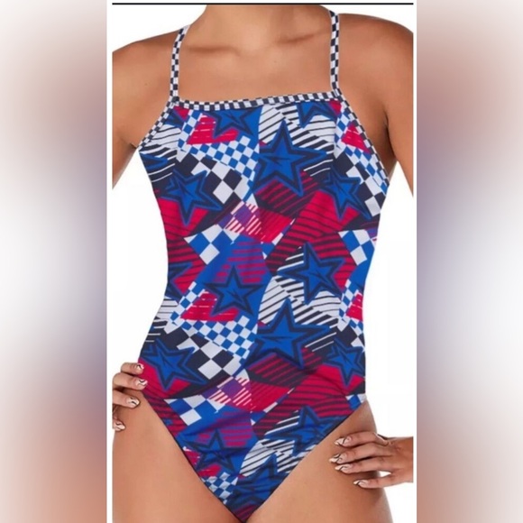 Speedo‎ olympic Overdrive Double X Back blue Red Star Swimsuit size 32 medium - Picture 1 of 12